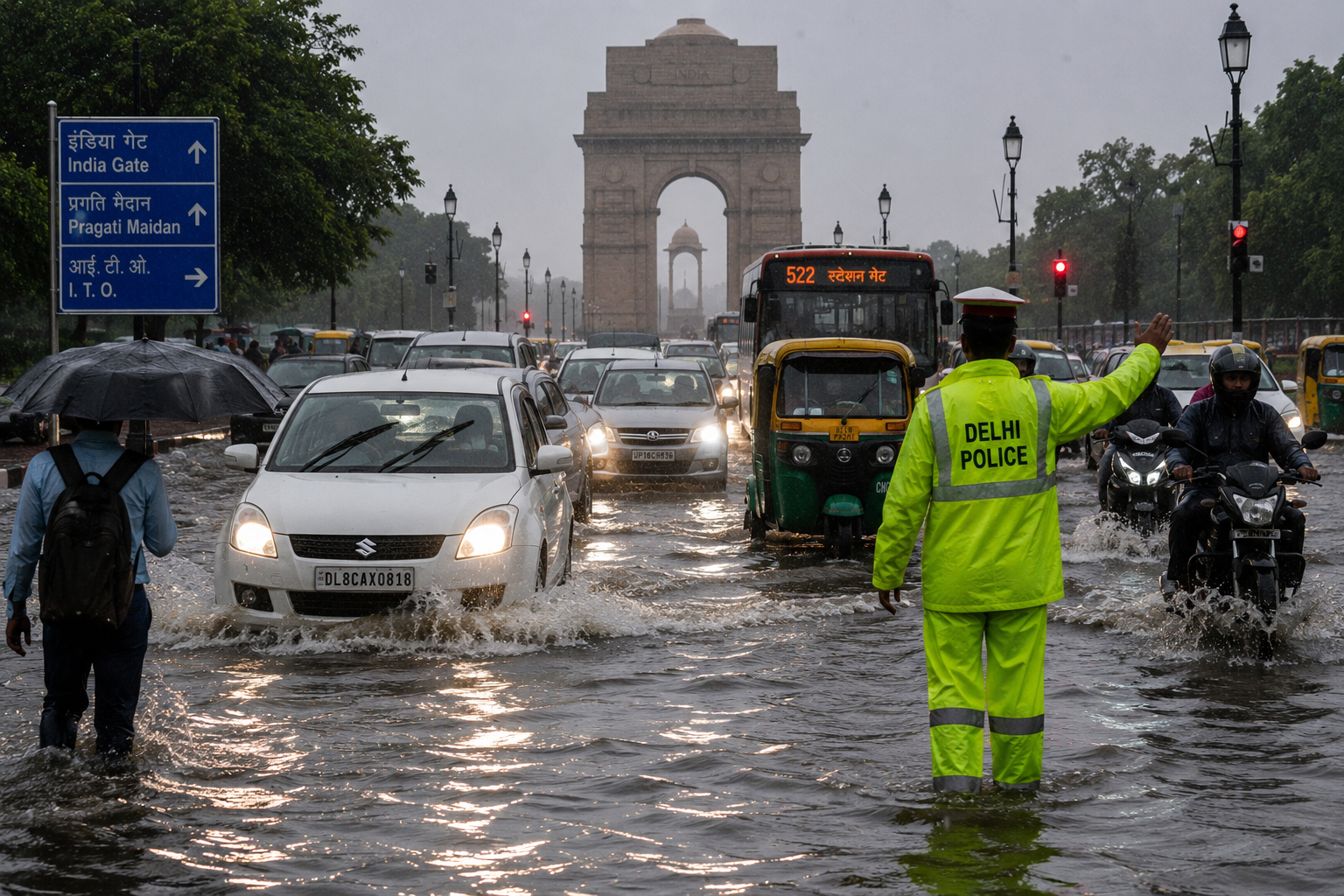 Delhi-NCR Rain Today: Red Alert Issued as Heavy Showers Cause Waterlogging and Traffic Disruptions