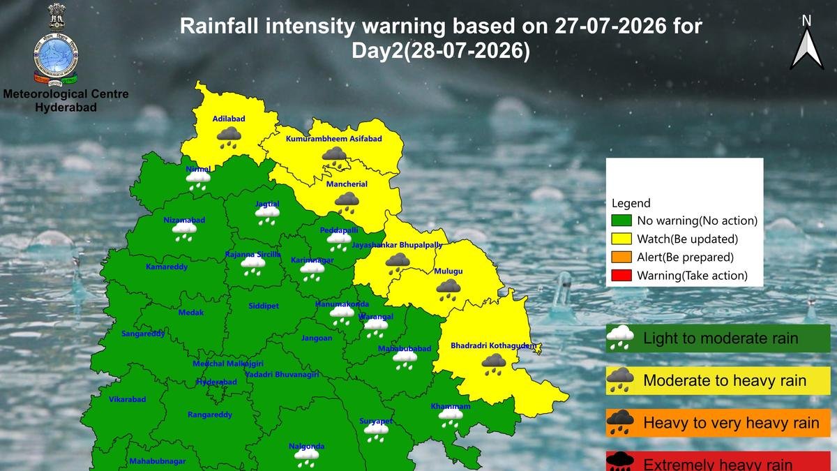 Heavy rainfall forecast in six Telangana districts on July 28